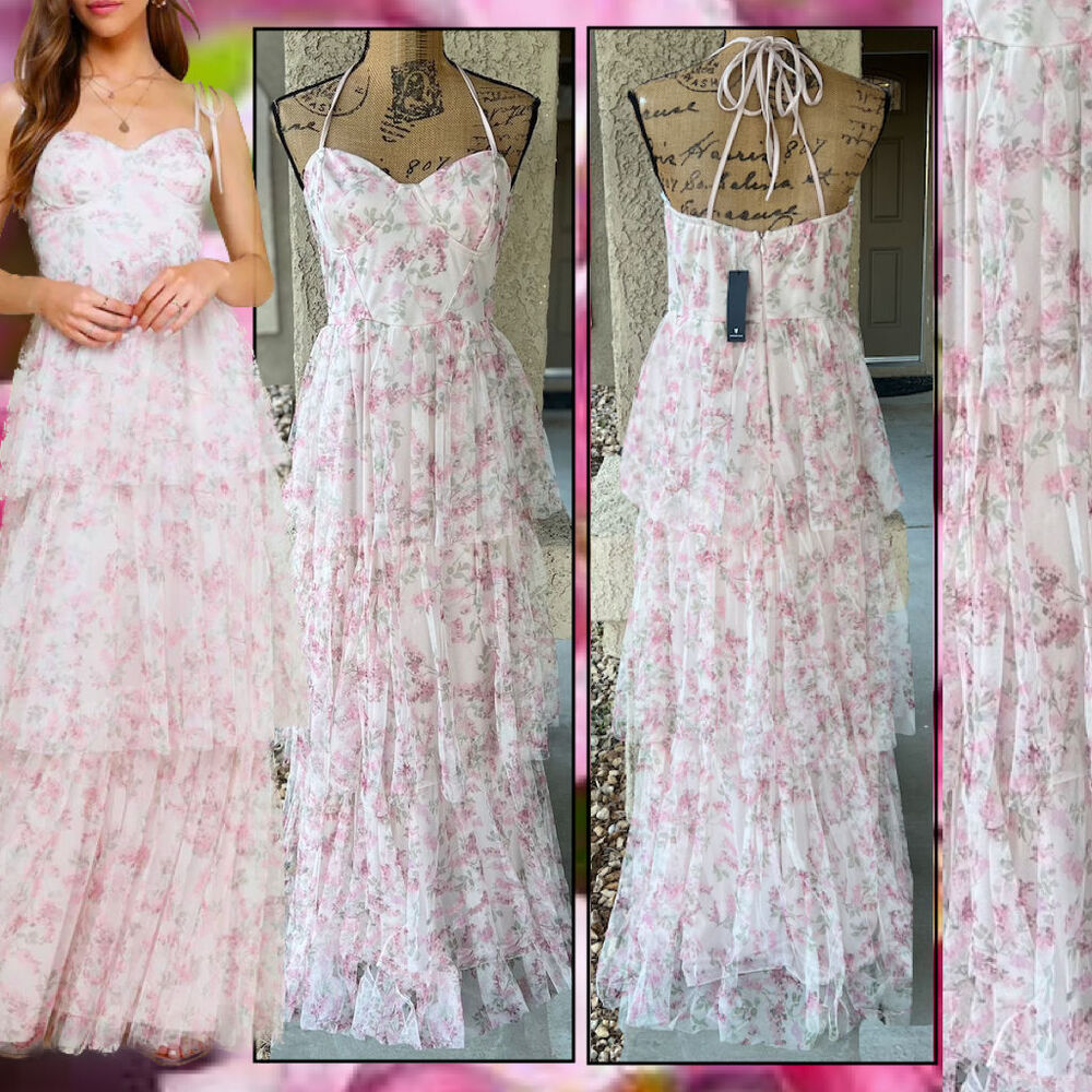 Lulus Mesh Blush Floral Tie-Strap Bustier Maxi Dress Size XL NEW